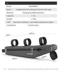 ROCKBROS Bike Bag 1.5L Waterproof Top Tube Triangle Bag Front Tube Triangle Lengthed Double Zipper Scratch-resistant Bicycle Bag