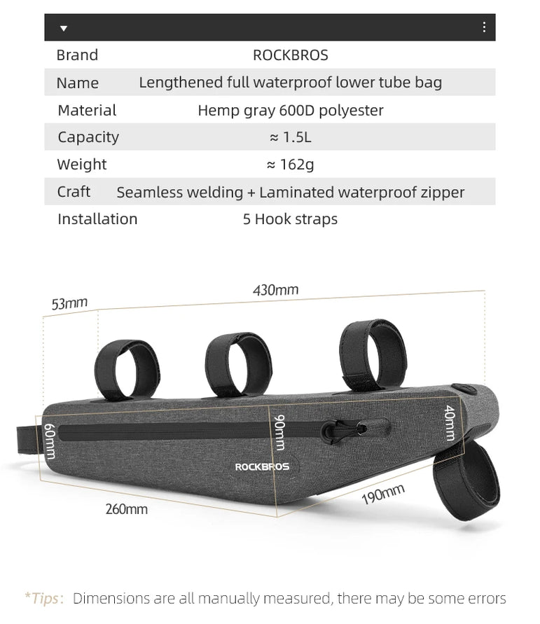 ROCKBROS Bike Bag 1.5L Waterproof Top Tube Triangle Bag Front Tube Triangle Lengthed Double Zipper Scratch-resistant Bicycle Bag