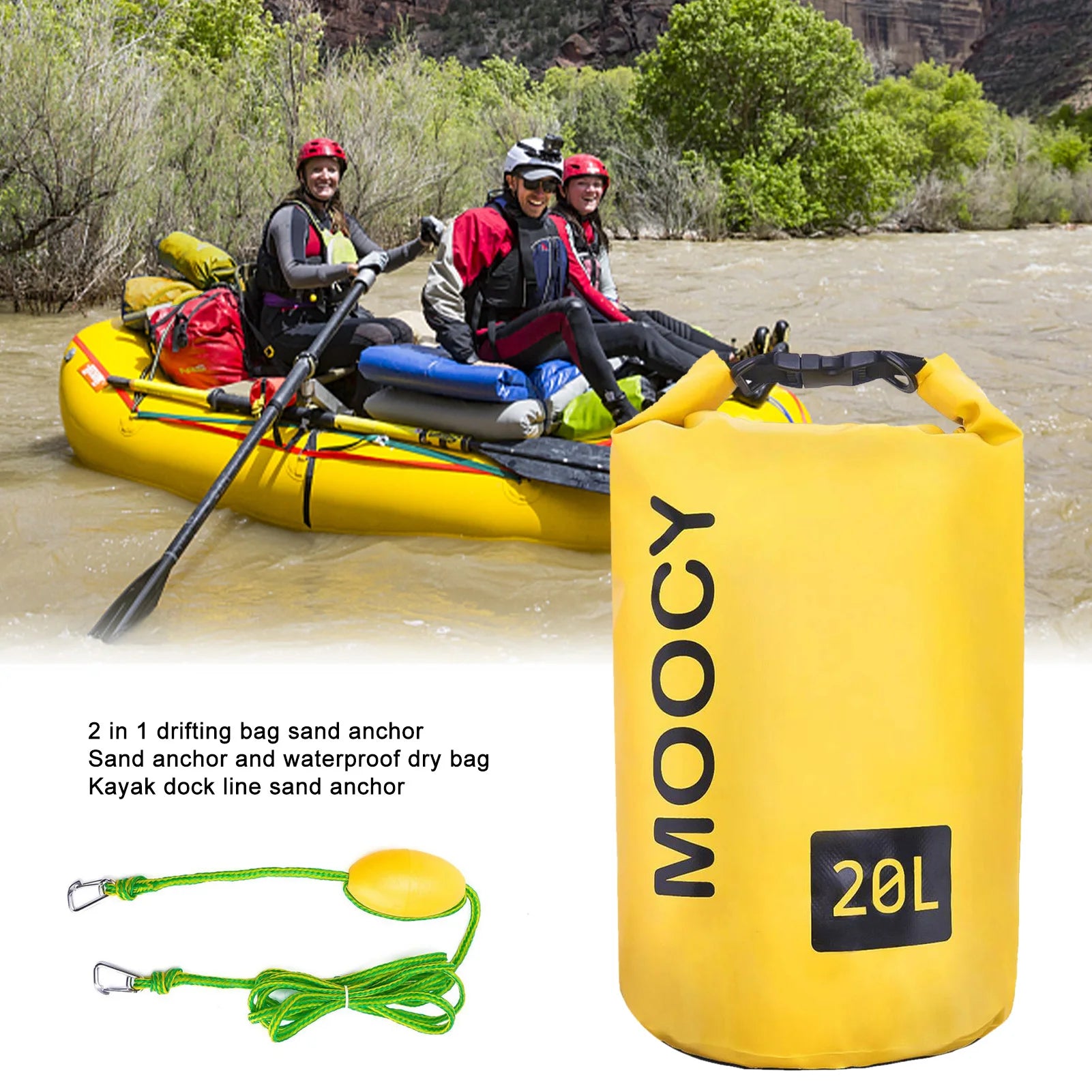 20L Tow rope Sand Sack 2-in-1 Sand Anchor Drift Bag Waterproof Dry Bag Sand Anchor Dock line for Kayak Jet Ski Rowing Small Boat