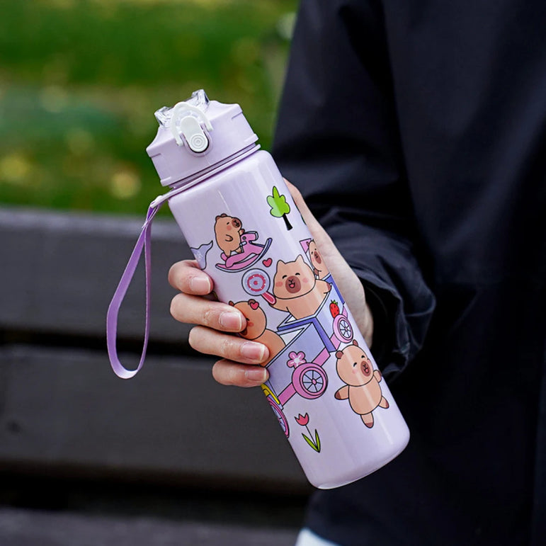 700ml Capybara Cute Water Cup with Straw & Handle Sports Water Bottle Portable Drinking Bottle for Boys Girls Daily Use