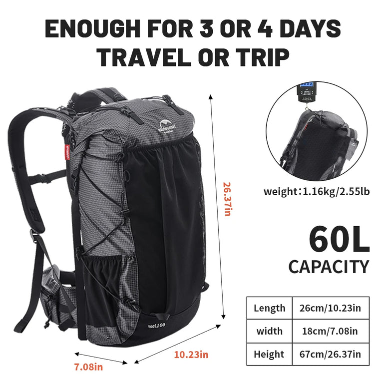 Naturehike Camping Backpack 60+5L Large Capacity Waterproof Climbing Bag Ultralight Travel Man Backpack Outdoor Hiking Backpack