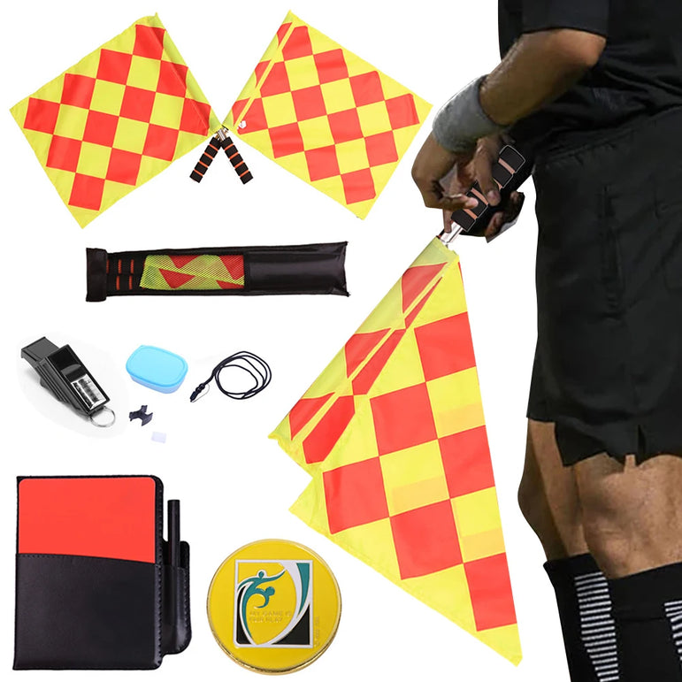 Soccer Referee Kit Referee Flag Red and Yellow Cards with Whistle Notebook and Pencil Sport Training Useful Referee Tool