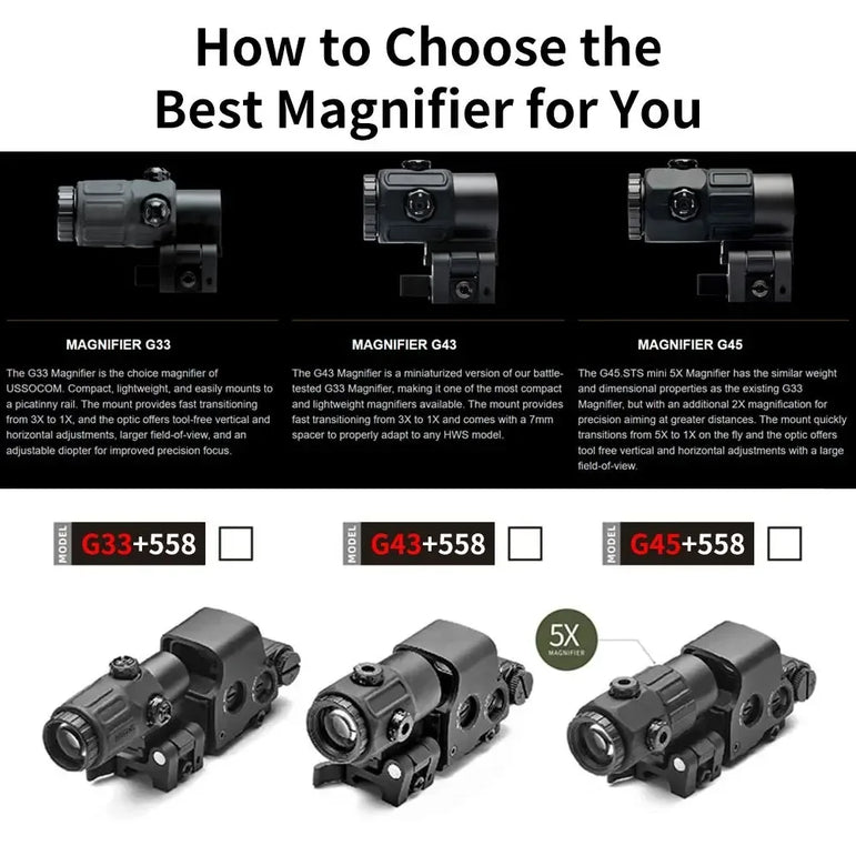 558+G43 Holographic Collimator Sight 558+G33/G45 Red Dot Optic Sight Tactical Hunting Gear W/20mm Rail Mounts&Quick Detach Lever