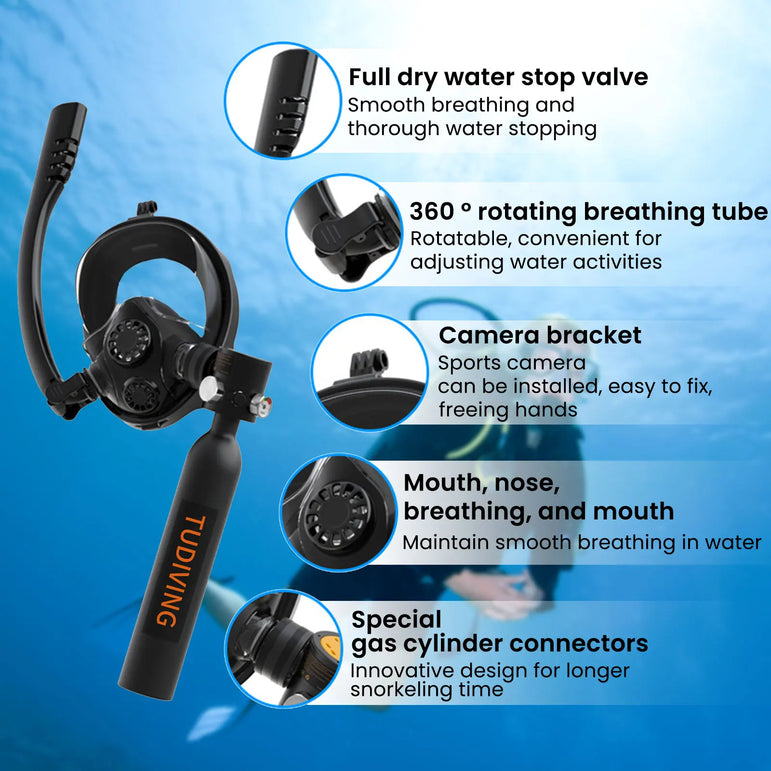 TUDIVING-0.5L Mini Scuba Diving Tank,Lung Tank with Diving Mask,Portable Scuba Tank with Pump for Underwater Breathing Training