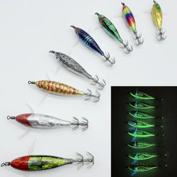 1pcs Luminous Horizontal Squid Jig Wood Shrimp Squid Hook Artificial Bait Octopus Cuttlefish Shrimp Saltwater Hard Bait Tackle