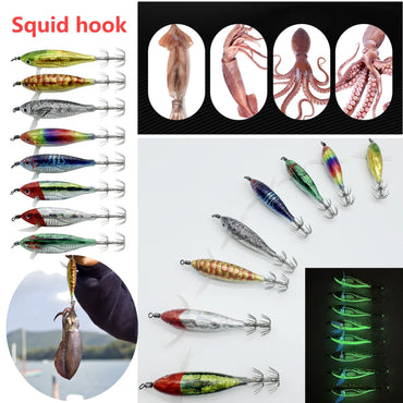 1pcs Luminous Horizontal Squid Jig Wood Shrimp Squid Hook Artificial Bait Octopus Cuttlefish Shrimp Saltwater Hard Bait Tackle