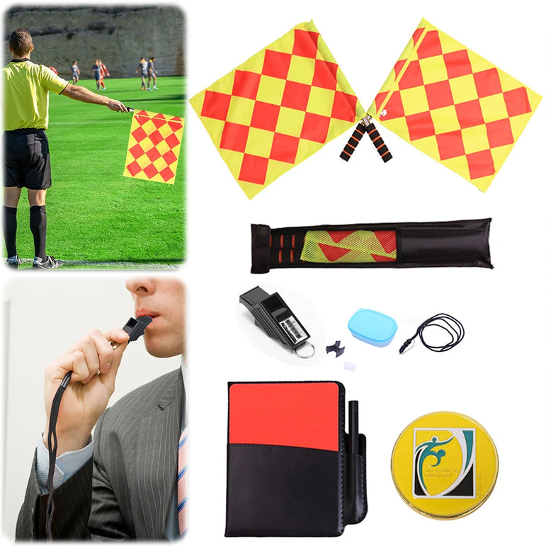 Soccer Referee Kit Referee Flag Red and Yellow Cards with Whistle Notebook and Pencil Sport Training Useful Referee Tool