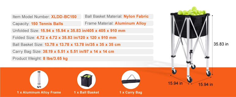 SucceBuy Foldable Tennis Ball Cart Holds 150/180 Tennis Balls Basket Hopper with Wheels for Sports Teaching Baseball Trolley
