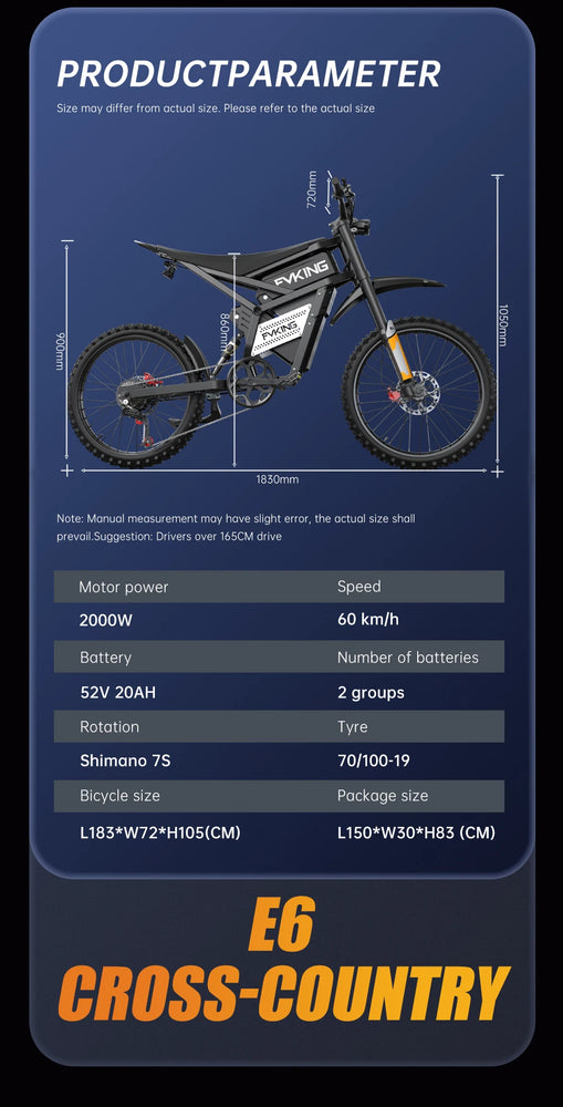 FVKING E6 Electric Bike Adults 3000W Peak Gear Hub Motors Electric Motorcycle 52V40AH Battery Speed 60Kmh Mountain E-bikes GT73