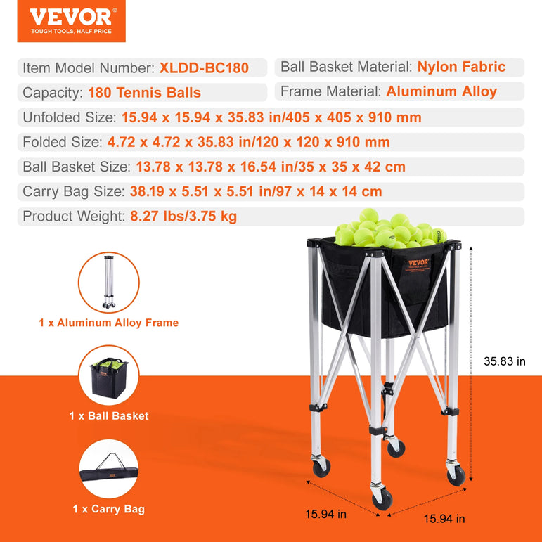 SucceBuy Foldable Tennis Ball Cart Holds 150/180 Tennis Balls Basket Hopper with Wheels for Sports Teaching Baseball Trolley