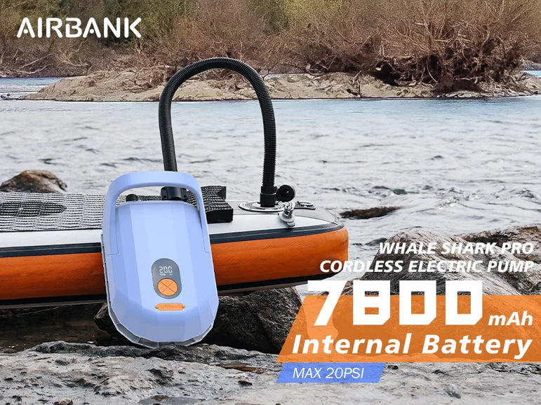 AIRBANK SUP Electric Air Pump with Battery 7800 mAh 20 PSI Max Rechargeable 12 V DC Car Connection Pump for Boards, Surf Kite