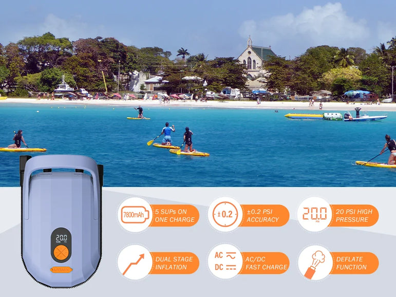 AIRBANK SUP Electric Air Pump with Battery 7800 mAh 20 PSI Max Rechargeable 12 V DC Car Connection Pump for Boards, Surf Kite