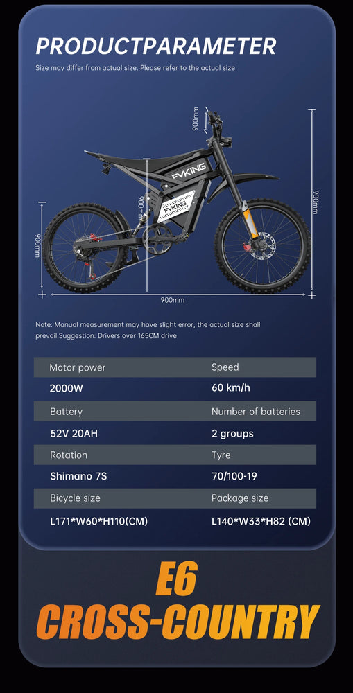 FVKING E6 Electric Bike Adults 2000W Peak Gear Hub Motors Electric Motorcycle 52V40AH Battery Speed 60Kmh Mountain E-bikes GT73