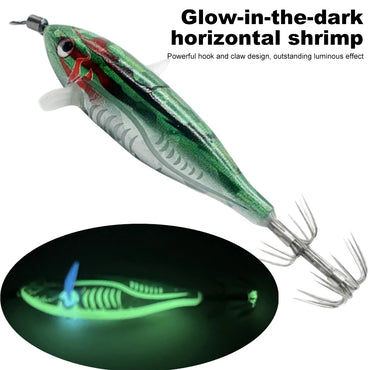 1pcs Luminous Horizontal Squid Jig Wood Shrimp Squid Hook Artificial Bait Octopus Cuttlefish Shrimp Saltwater Hard Bait Tackle