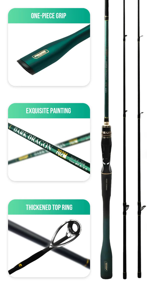 SEASIR Dark Dragon M/ML Two Rod Tips Spinning Baitcasting Fishing Rod Lure Carbon Fiber One-Piece Grip (6-35g/2.1M/2.4M)