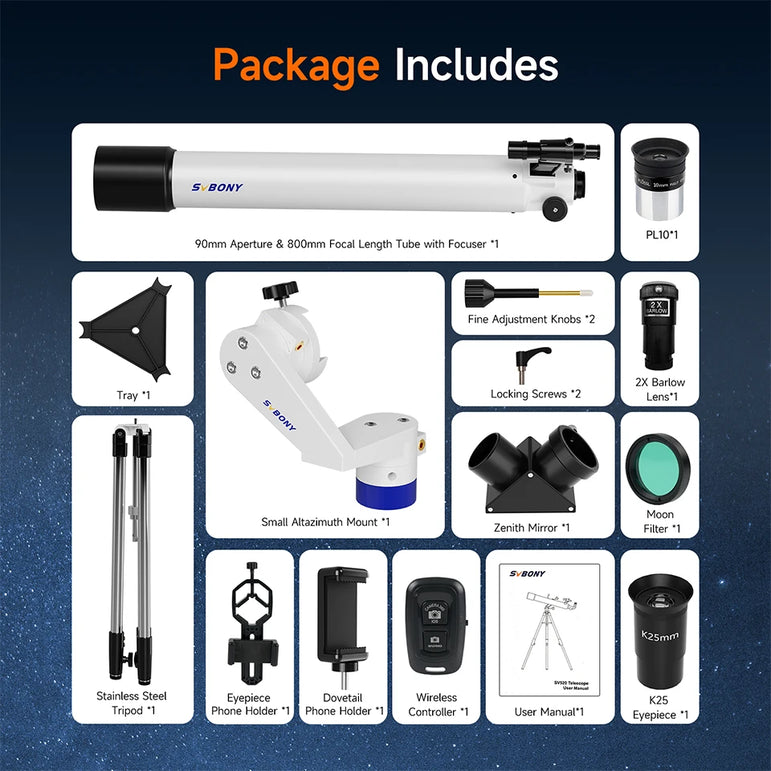 Svbony SV520 90mm Refractor Astronomy Telescope set for Adults and Beginners Professional Observing the Moon photography