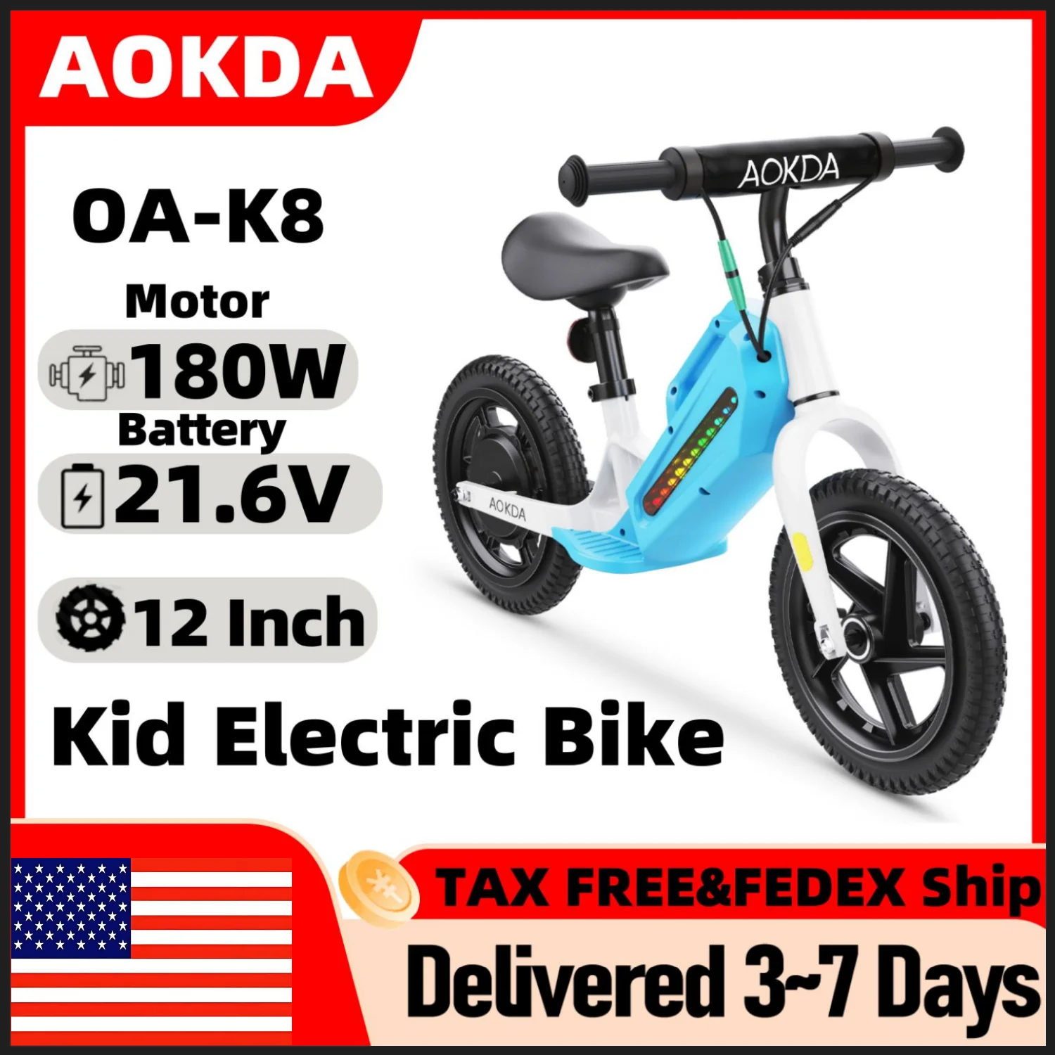 Kids Electric Balance Bike AOKDA K8 180W Children Toy 3 Speed 12Km/h Max Load 40KG Bicycle for Children 2 - 12 Age Children