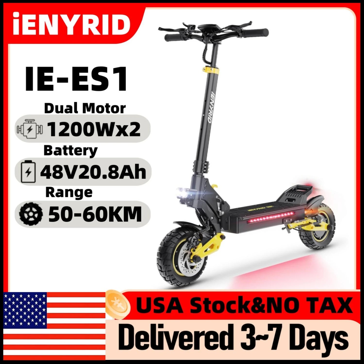 Electric Scooter IENYRID IE-ES1 Foldable 2400W Dual Motor 48V20.8Ah Lithium Battery E-Scooter Scooters 10-inch Tires E-Scooter