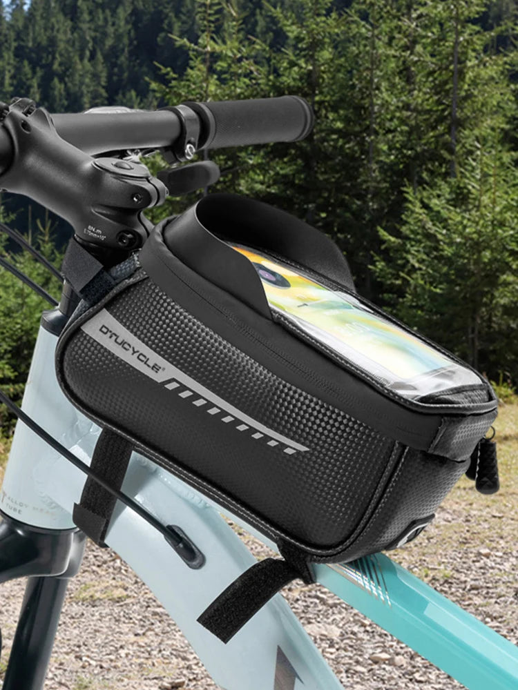 Bike Front Frame Bag Bike Storage Bag Waterproof Bike Phone Holder Bag Touch-Screen Bicycle Top Tube Bag for Phones Under 7 Inch