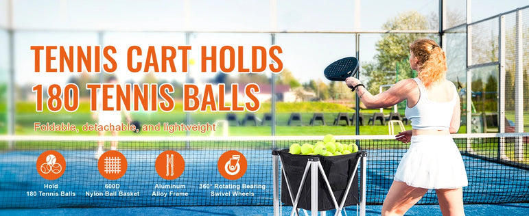 SucceBuy Foldable Tennis Ball Cart Holds 150/180 Tennis Balls Basket Hopper with Wheels for Sports Teaching Baseball Trolley