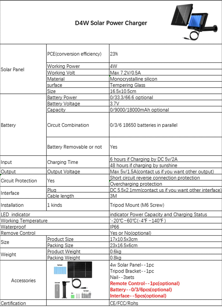 D4R 4W Solar Power Panel 18000mAh Powerbank Solar Fast Charging IP66 Waterproof 5V 6V Output Micro USB/Type C DC For Wild Camera