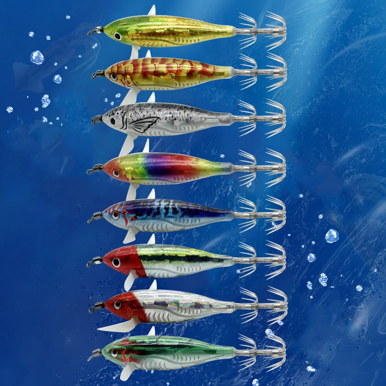 1pcs Luminous Horizontal Squid Jig Wood Shrimp Squid Hook Artificial Bait Octopus Cuttlefish Shrimp Saltwater Hard Bait Tackle