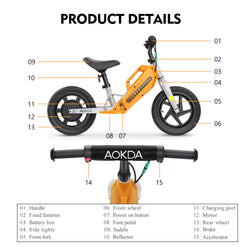 Kids Electric Balance Bike AOKDA K8 180W Children Toy 3 Speed 12Km/h Max Load 40KG Bicycle for Children 2 - 12 Age Children