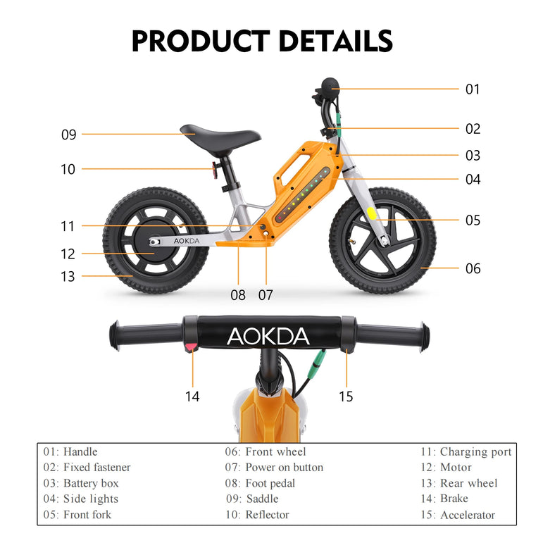 Kids Electric Balance Bike AOKDA K8 180W Children Toy 3 Speed 12Km/h Max Load 40KG Bicycle for Children 2 - 12 Age Children