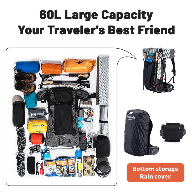 Naturehike Camping Backpack 60+5L Large Capacity Waterproof Climbing Bag Ultralight Travel Man Backpack Outdoor Hiking Backpack