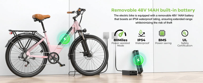 26" Electric E Bike with 7-Speed,1000 Peak Electric Bike for Adults,up 80 Miles Removable Battery Ebike, Adult Electric Bicycles