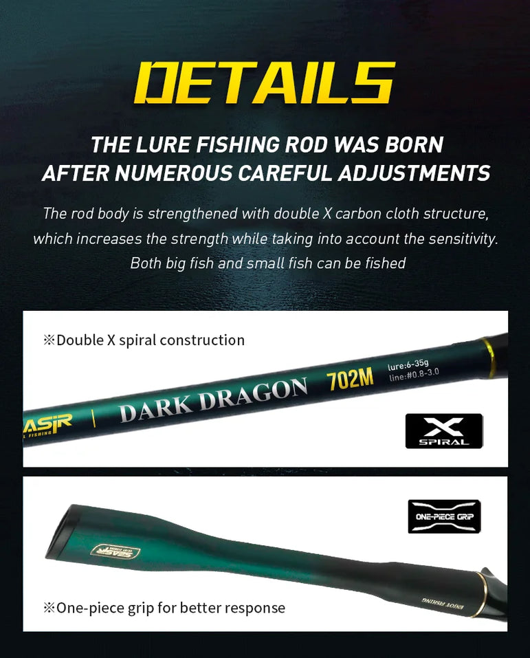 SEASIR Dark Dragon M/ML Two Rod Tips Spinning Baitcasting Fishing Rod Lure Carbon Fiber One-Piece Grip (6-35g/2.1M/2.4M)