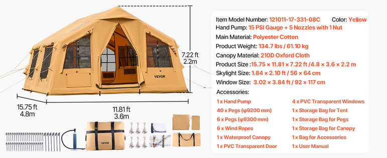 VEVOR Inflatable Tents for Camping Easy Setup Blow up Tent with Hand Pump Glamping Tent with Skylight Stove Jack & Mesh Windows