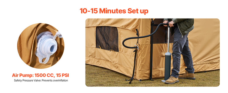 VEVOR Inflatable Tents for Camping Easy Setup Blow up Tent with Hand Pump Glamping Tent with Skylight Stove Jack & Mesh Windows