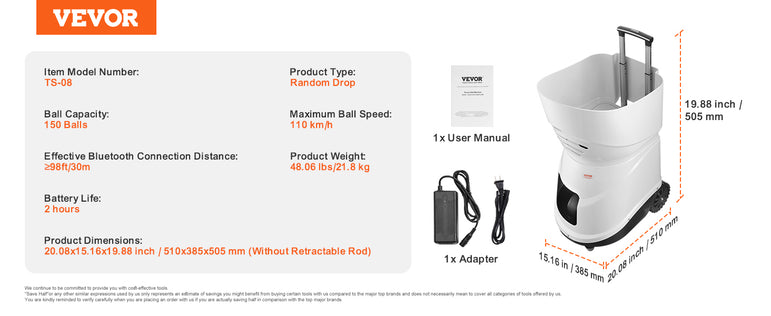 VEVOR Tennis Ball Machine Automatic Portable Launcher Multi-Mode Drills 2+ Hours Play Rechargeable Battery App Remote Control